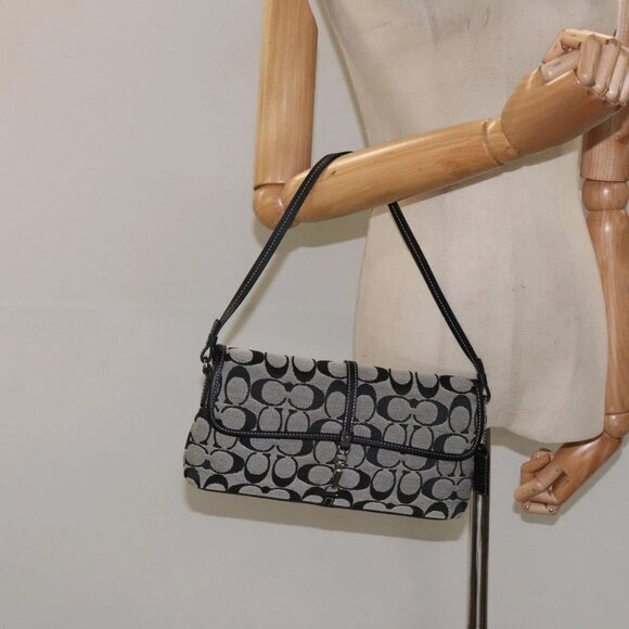 Coach Signature Hand Bag Canvas Gray Black Auth - Picture 14 of 16